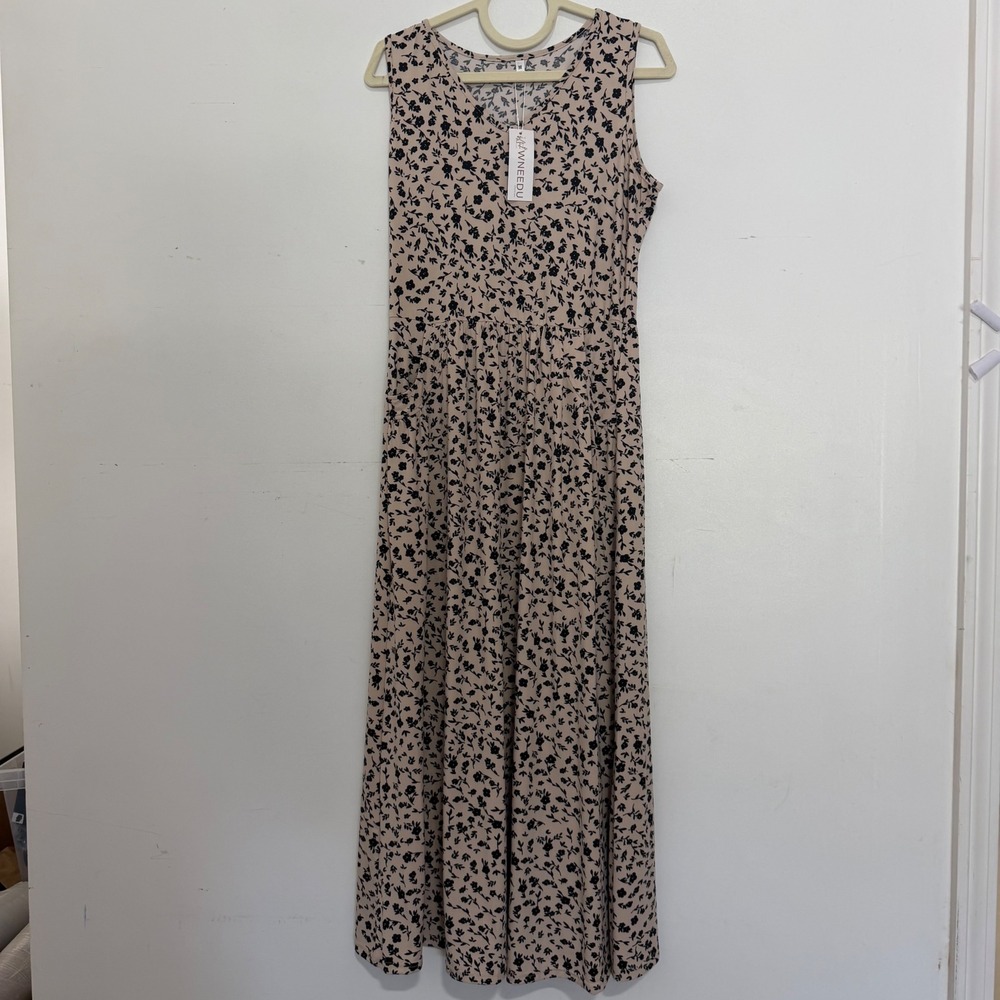 WNEEDU Women Beige Black Floral V-Neck Sleeveless Maxi Dress with Pockets NWT